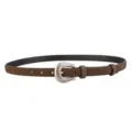Detailed view of a stylish brown suede women's belt featuring a textured silver metal buckle. - Coffee