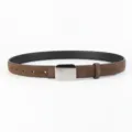 Close-up detail of women's brown suede belt with sleek polished square metal buckle design. - Coffee
