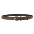 Close-up detail of the brown suede leather belt with silver metal buckle, minimalist design. - Coffee