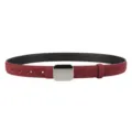Detailed view of burgundy suede belt with modern square metal buckle for women daily wear. - Angola Red