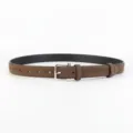 Brown suede belt detail view featuring a sleek silver metal pin buckle and clean stitching. - 100cm / Coffee