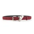 Close-up of wine red suede leather belt featuring elegant metallic knot buckle and fine stitching. - Angola Red