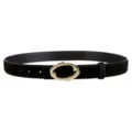 Close-up of black suede leather belt featuring a unique irregular gold metal buckle design. - Black