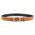 Detail view of stylish women suede leather belt featuring unique irregular gold metal buckle. - Brown