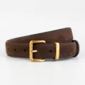 Women's brown suede belt with gold buckle, stylish minimalist leather pants belt for jeans. - Coffee