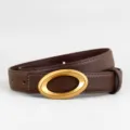 Genuine leather belt for women, trendy gold oval buckle, versatile slim strap for jeans. - 100cm / Coffee