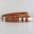 Women's brown thin leather belt with silver square buckle and metal tips for daily jeans. - 100cm / Brown