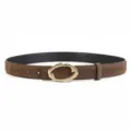 Brown suede belt for women featuring an irregular gold-tone metal buckle, detailed view. - Coffee