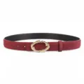 Detailed view of women's genuine leather belt featuring an elegant gold buckle design. - Angola Red