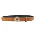 Close-up of the brown suede women's belt featuring a stunning pearl and rhinestone round buckle. - Brown