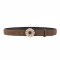 Brown suede belt detail featuring an elegant pearl and crystal round decorative buckle. - Coffee