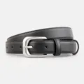 Black leather belt women detail shot, classic silver metal pin buckle with neat edge stitching. - Black