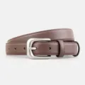 Brown leather belt detail, silver metal pin buckle, fine stitching, daily fashion accessory. - Coffee