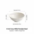 White ceramic noodle bowl with textured design, large capacity soup bowl for home kitchen. - 8 inch / Ivory
