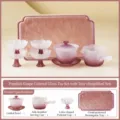Pink Gradient Frosted Glass Lotus Tea Set with Gaiwan Pitcher, Cups and Dry Bubble Tray - Lotus Tea Set Small Group With Tray (Simple Pack)