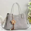 Grey textured tote shoulder bag for women, large capacity crossbody bag with flower charm. - Gray