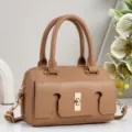 Brown leather crossbody shoulder bag detailed view with gold hardware and stylish lock. - Dark Khaki