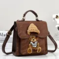 Cute brown PU leather mini backpack with knitted beanie and bear patch. Chic daily bag. - Coffee
