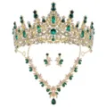 Bridal crown necklace earrings set luxury green crystal tiara wedding party hair accessories - Gold Green Rhinestone Set (XLEHTZ013+HG003)
