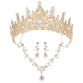 Gorgeous gold bridal tiara crown necklace and earrings jewelry set for wedding party wear. - Gold Set (XLEHTZ011+HG003)