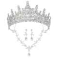 Bridal tiara crown necklace and earrings jewelry set, sparkling crystal wedding party accessories. - Silver Set (XLEHTZ011+HG003)