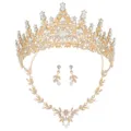 Luxury bridal gold tiara crown necklace and earrings set crystal rhinestone wedding jewelry - Gold Set (XLEHTZ015+HG003)