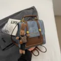 Retro college style denim backpack handbag for women casual vintage shoulder bag school bag - With Pendant / Blue