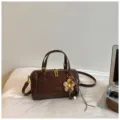 Retro brown women Boston bag, chic suede PU leather handbag, casual daily shoulder crossbody bag. - With Pendant / Coffee
