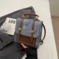 Retro denim college style backpack handbag, casual chic commuter shoulder bag variant. - No Pendant / Blue