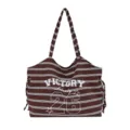 Borsa a tracolla a righe marroni, grande borsa casual in tela da donna per l'uso quotidiano. - 26 Maglia Riga Marrone