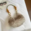 Sac à aisselle en peluche imprimé faon rétro poignée perles de bois sac souple - Style Perle Khaki