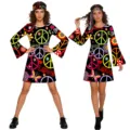 70s Hippie Disco Costume Women Retro Peace Sign Long Sleeve Dress with Matching Headband - S / Dresses
