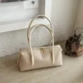 Beige Woven Boston Pillow Bag, Stylish PU Leather Shoulder Handbag For Women Autumn - No Pendant / 33x11x15cm / White