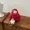 Red polka dot bowling bag with cute plush gnome keychain, stylish vintage handbag for women. - With Pendant / Red
