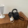 Korean style polka dot bowling shoulder bag with cute plush keychain for women daily chic - With Pendant / Black