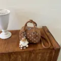 Brown polka dot handbag detail, cute plush doll keychain, vintage style shoulder crossbody bag. - With Pendant / Brown