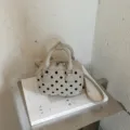 Beige polka dot bowling bag, chic commuter shoulder crossbody bag with top handles. - No Pendant / White