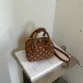 Brown polka dot suede bowling bag, trendy variant shoulder and crossbody bag for daily commute. - No Pendant / Brown