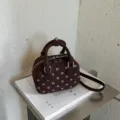 Brown polka dot bowling handbag, stylish shoulder and crossbody bag for daily commute and fashion. - No Pendant / Coffee