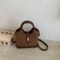 Brown suede block shoulder bag with metal lock closure, elegant daily cross body bag. - No Pendant / Brown