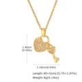 Gold stainless steel heart lock key pendant necklace with sparkling zircons for women. - Gold
