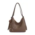 Brown PU leather hobo shoulder backpack casual large capacity tote bag for women daily commute - Deer Brown With Charm