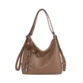 Brown women hobo bag, multi-functional PU leather shoulder bag and backpack variant. - Khaki With Pendant