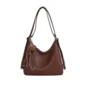 Brown leather shoulder bag women large capacity casual tote backpack daily commuter style. - Brown With Pendant