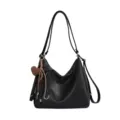 Black PU leather shoulder bag casual hobo tote handbag with cute brown heart pendant. - Black With Pendant
