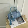 Blue denim Boston handbag with starfish pendant, retro single shoulder crossbody pillow bag. - With Star Pearl Pendant Style / Blue