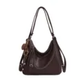 Dark brown shoulder tote bag, large capacity casual commuting handbag with stylish straps. - Coffee With Pendant