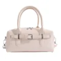 Beige bowling bag women shoulder handbag minimalist leather crossbody purse stylish daily use. - No Pendant / Off White