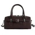 Dark brown leather bowling handbag with metal buckle and shoulder strap for women. - No Pendant / Coffee