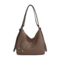 Brown PU leather convertible shoulder bag backpack for women, casual large capacity daily tote. - Deer Brown Without Charm